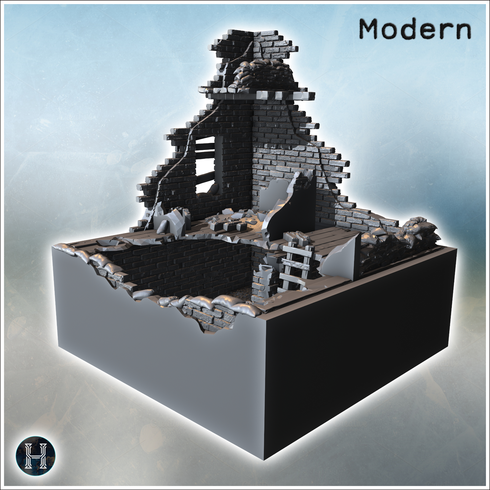 Damaged brick building with sandbag fortifications and a partial second floor (3) - Modern WW2 WW1 World War Diaroma Wargaming RPG Mini Hobby